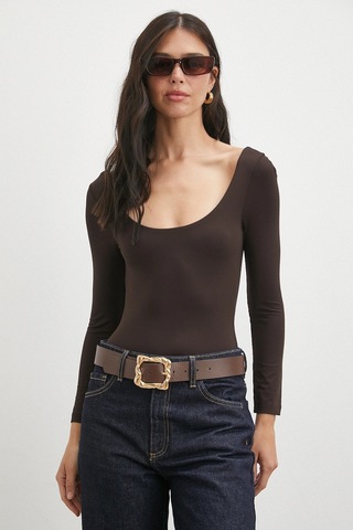 Never More U Yaka Uzun Kollu Çıtçıtlı Bodysuit Kahve Kahve