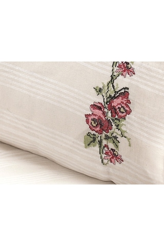 Buldan İşi Kanaviçe Nakışlı Çift Kişilik Nevresim Takımı-Pembe Krem