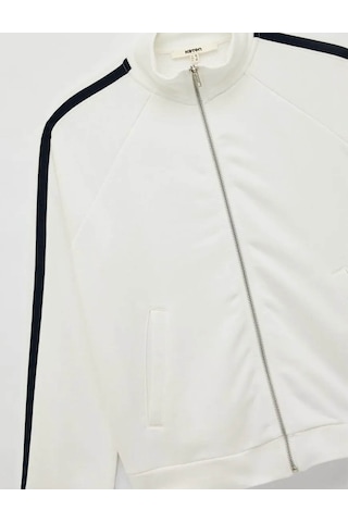 Koton Şerit Detaylı Dik Yaka Fermuarlı Beyaz Kadın Sweatshirt 6wak10054ek Beyaz