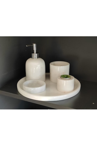 Beyazı Mermer Mumluklu 5'li Banyo Seti Beyaz