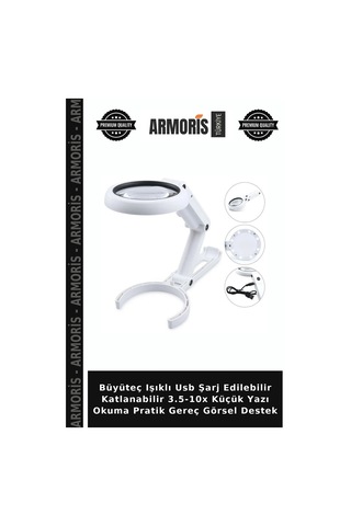 Büyüteç Işıklı Usb Şarj Edilebilir Katlanabilir 3.5-10x Küçük Yazı Okuma Pratik Gereç Görsel Destek