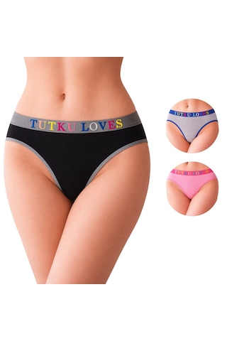 Tutku Kadın Pamuklu Günlük Slip 3 Lü Set Love Serisi, Bikini Kesim Çok Renkli