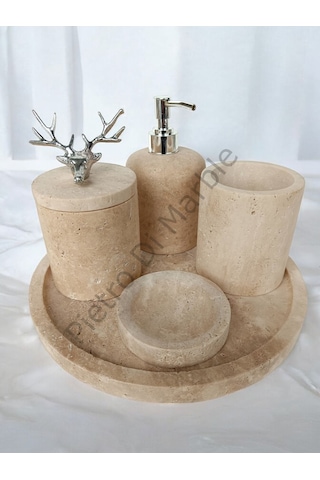 Sarı Traverten Klasik Model 5 Parça Gümüş Renk Geyik Aksesuarlı Banyo Seti Sarı Traverten