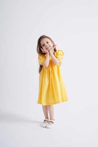 Oliventhekid Sarı Robadan Fırfır Büzgülü Kolları Lastikli Poplin Kız Çocuk Elbise Sarı Sarı