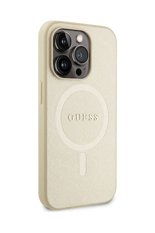 Apple Uyumlu iPhone 15 Pro Kılıf Guess Lisanslı Magsafe Şarj Özellikli Yazı Logolu Saffiano Siyah