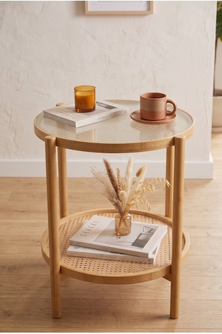 Robin Home Bambu Temperli Camlı Rattan Raflı Yuvarlak Yan Sehpa 45 45cm Bej