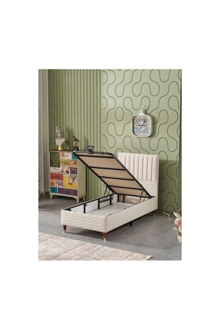 Beehanem Ezgi Sandıklı Baza + Yatak + Başlık Seti 100x200 Geniş Tek Kişilik Krem Ortopedik 3'lü 100 x 200