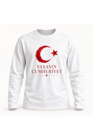 Almeracraft 29 Ekim Cumhuriyet Bayramı Ay Yıldız Baskılı Beyaz Uzun Kollu Tişört Yaşasın Cumhuriyet