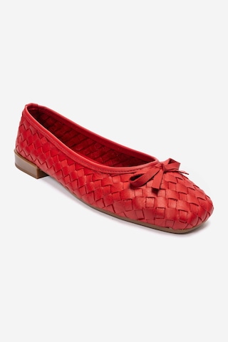 Luvishoes Garen Kırmızı Örgü Hakiki Deri Fiyonklu Kadın Babet Ayakkabı