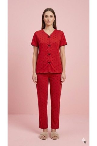 Lxl Yazlık Kırmızı Kalp Desenli Kısa Kol Penye %100 Pamuk Pijama Takım Kırmızı Siyah Kalp