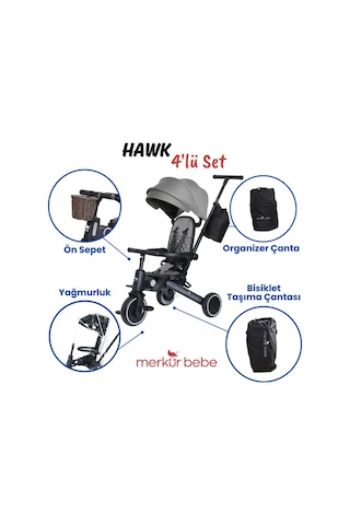 Merkür Bebe 9in1 Hawk Çift Yönlü Katlanabilir Yatabilir Ayak Destekli Üç Tekerlekli Bebek Ve Çocuk Bisikleti Seti Gri