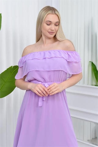 Neşeli Butik Kadın Carmen Yaka Astarlı Şifon Elbise Ry8060 - Lila Lila