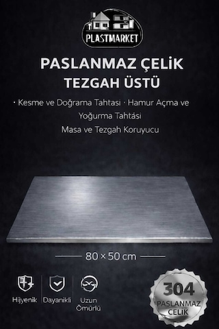 Paslanmaz Çelik Tezgah Üstü Kesme Tahtası, Hamur Yoğurma Tahtası, Tezgah Üstü Koruyucu, 80x50 Cm Metalik