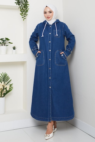 Hb Harma Time Butik Kadın Cepli Düğmeli Kapüşonlu Denim Koyu Mavi Trençkot