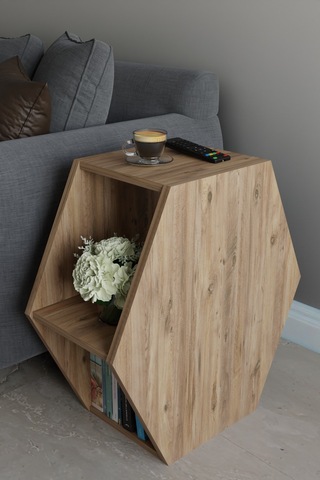 Alpa Ev Mobilya Altıgen Tasarım Yan Sehpa, Modern Koltuk Yanı Ve Dekoratif Kitaplık, Salon Sehpası Beyaz Atlantik Çam