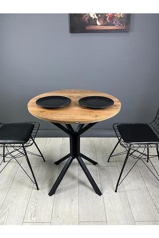 Nisa Ceviz Yuvarlak Mutfak Masası Yemek Masası Balkon Masası Metal Siyah Ayak 70 Cm