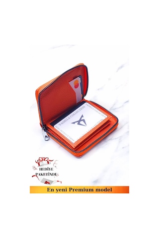 Unisex Vegan Deri Fermuarlı Turuncu Cüzdan Kartlık Ve Portföy Hediye Paketinde Turuncu