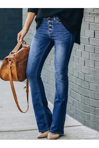 Modaserdem Kadın Yüksek Bel Önden Düğmeli Cep Detay Ispanyol Paça Denim Pantolon Mavi