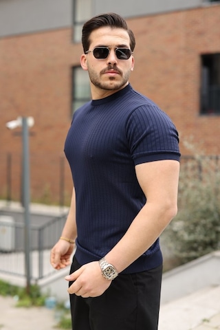 Veraura Lifestyle Erkek Fitilli Bisiklet Yaka Triko Tişört Lacivert
