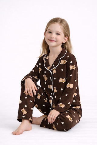 Beka Kids Ayıcık Desenli Uzun Kollu Önden Düğmeli Gömlek Yaka Kız Çocuk Pijama Takımı %100 Pamuklu Kahverengi
