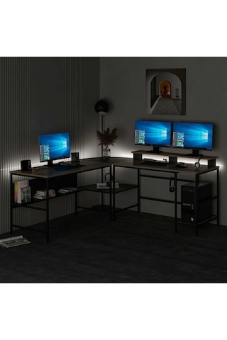 Minar Greta Rgb Led Işıklı L Köşe Çalışma Masası Dore Siyah