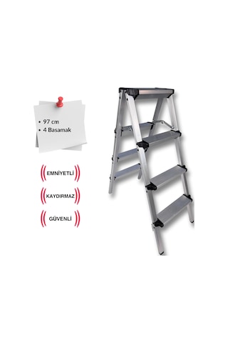 Endokon Geniş Basamaklı Katlanır Alüminyum Merdiven - 4 Basamaklı - Çift Taraflı Merdiven