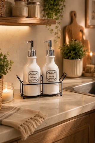 Porsima 3115 Gümüş Kapaklı Porselen 2li Sıvı Sabunluk Beyaz 700 Ml Beyaz