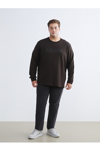 Lcwaıkıkı Classic Kahverengi Büyük Beden Bisiklet Yaka Baskılı Erkek Sweatshirt