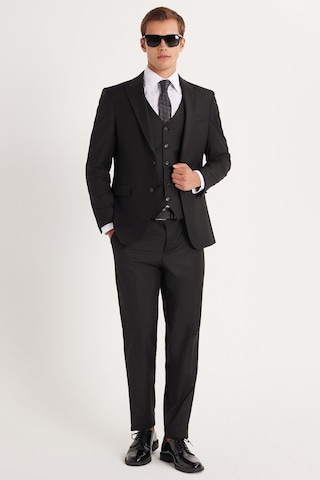 Tudors Erkek Slim Fit Siyah Esnek Likralı Kumaş Sivri Yaka Yelekli Takım Elbise-33907 Siyah