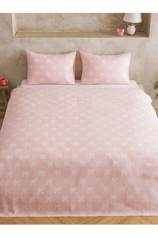Pembe Fiyonk Desenli Pamuklu Çift Kişilik Pike Seti