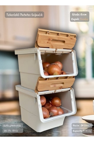 2'li Bambu Patates Soğan Sepeti Tekerlekli Kapaklı Havalandırmalı 24 Litre Sebzelik Organizer