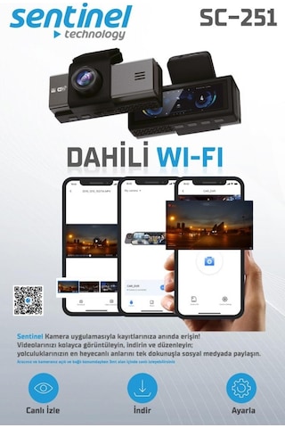 Sentinel Sc-251 Araç İçi Kamera 4k Uhd Wifi Çift Kameralı Dash Cam Arka Kamera Destekli