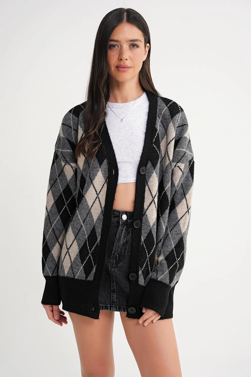 6937 Kadın Baklava Desenli Oversize Triko Hırka Siyah Siyah