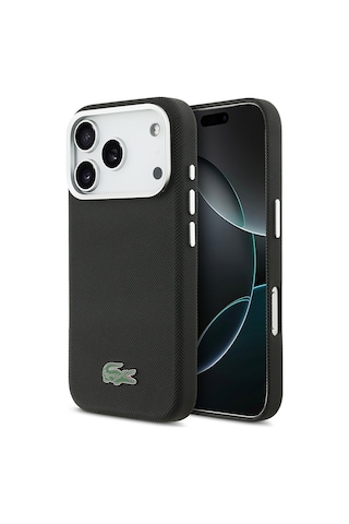Apple iPhone 17 Pro Max Kılıf Lacoste Lisanslı M-safe Uyumlu Pvc Pike Desenli İkonik Timsah Logolu Siyah