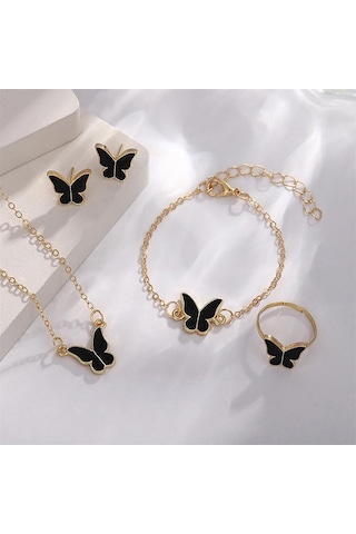 1set Moda Zarif Basit Çok Yönlü Kelebek Kolye Bilezik Küpe Yüzük Kadınlar Kızlar Düğün Partisi Takı Seti Hediye Siyah