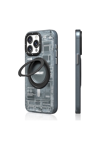 Apple Uyumlu iPhone 15 Pro Max Kılıf Magsafe Şarj Özellikli Youngkit 360 Standlı Technology Serisi Gri