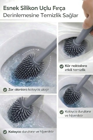 Gri Silikon Uçlu Hazneli Tuvalet-Banyo Wc ve Klozet Temizleme Fırçası