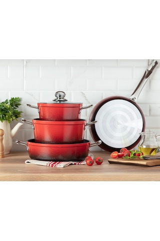 Madame Coco Titanium Professional Tencere Seti 7 Parça 1ktncr014118-22-26-26cm-kırmızı