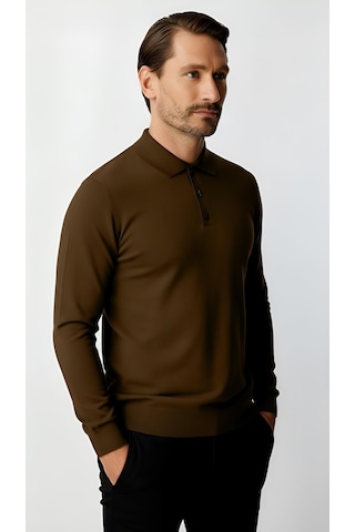 İgs Kahve Standart Fit Dar Kalıp Polo Yaka Düz Uzun Kollu Triko-21902 Kahverengi