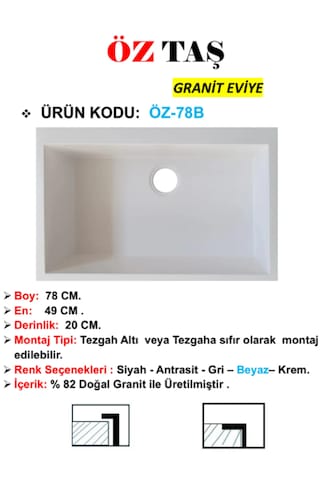 Öztaş ÖZ-78b Granit Mutfak Eviye Beyaz Tek Gözlü 50 x 78 CM