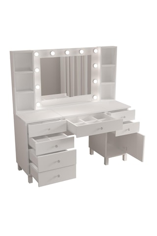 Robin Home Hollywood Makyaj Masası Takımı 7 Çekmece Kapaklı Düzenleyici Hollywood Led Işıklı Ve Puflu Beyaz