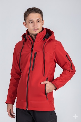 Suya Dayanıklı Slim Fit Softshell Kapüşonlu Erkek Mont Kırmızı