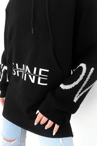 Femelle Siyah Beyaz Shine Yazılı Kollar Örme Triko Detaylı Kanguru Cepli Kapüşonlu Kadın Sweatshirt Hoodie