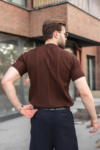 Madmext Kahverengi Regular Fit Bisiklet Yaka Fitilli Triko Erkek Tişört E7490
