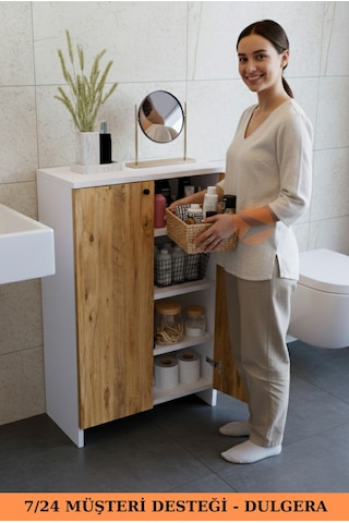 2 Kapaklı 4 Raflı Dolap Çok Amaçlı Dolap Banyo Dolabı Banyo Rafı Çam