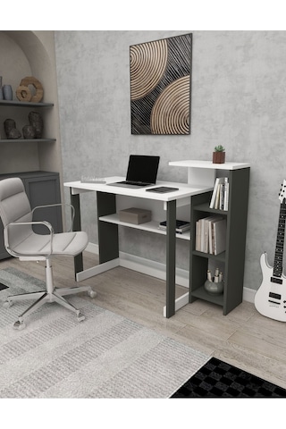Enda Home Saye 5 Raflı Kitaplıklı Çalışma Masası Antrasit - Beyaz Koyu Gri - Beyaz