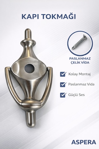 Çelik Kapı Taktak Kapı Tokmağı Dayanıklı Metal Kapı Vuracağı Modern Tasarım Kolay Montajlı Gümüş