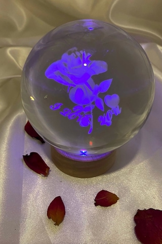 3d Led Işık Cam Küre Çok Işıklı Ahşap Gül I Love You Büyük Boy 10 Cm