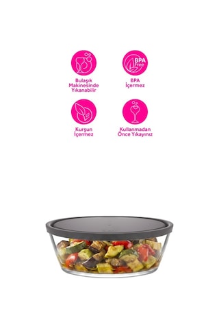 Lav Vega Cam Saklama Kabı Tekli Büyük Boy 1130 ml Yuvarlak Gri Plastik Kapaklı