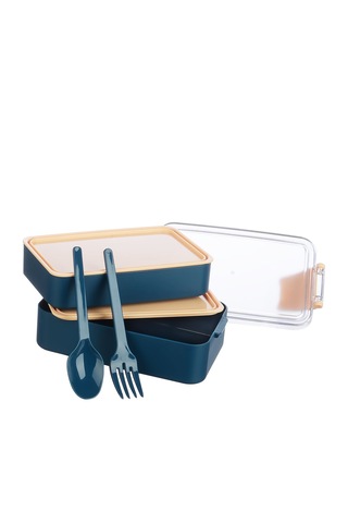Fely Çatal Kaşıklı Çift Katlı Beslenme Kabı Lunch Box Toplam 900 Ml 400 Ml Ve 500 Ml Lacivert